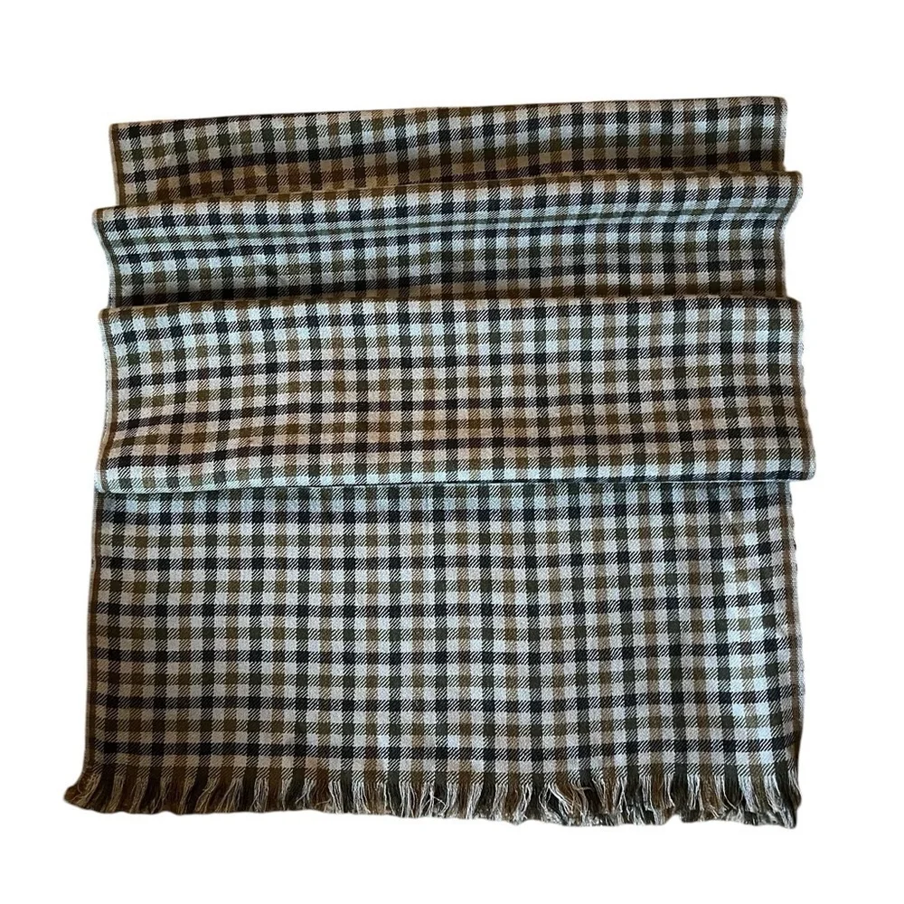 Pronto Uomo Fine 100% Wool Thin Plaid Check Scarf, Gray Brown & Blue